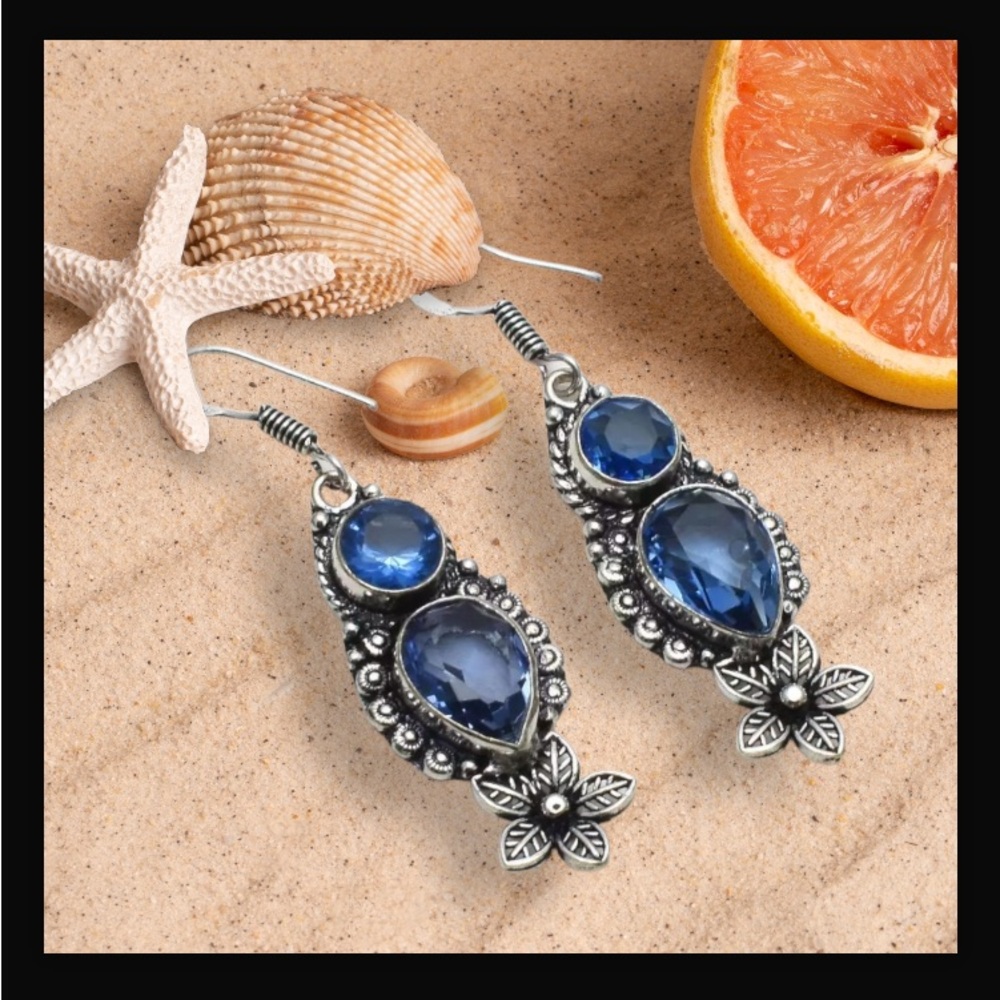Blue Topaz Handcrafted Long Drop Dangle Earrings 2.08" Made In India New W Tags - Picture 9 of 12
